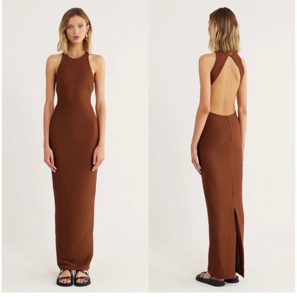 Rumer Penelope Halter Ribbed Maxi Dress Cocoa Brown Large L